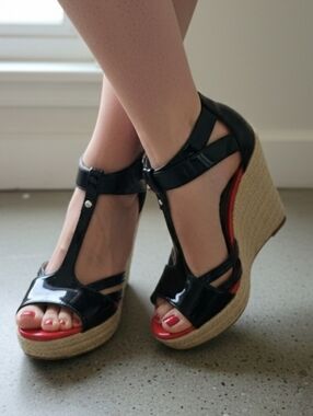 Guess Black Patent Wedge Sandals with Red Insole
